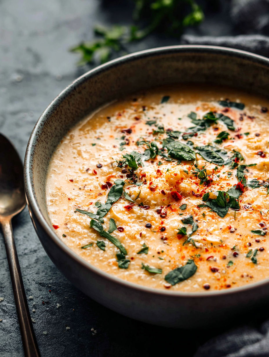 A bowl of creamy Italian quinoa soup.