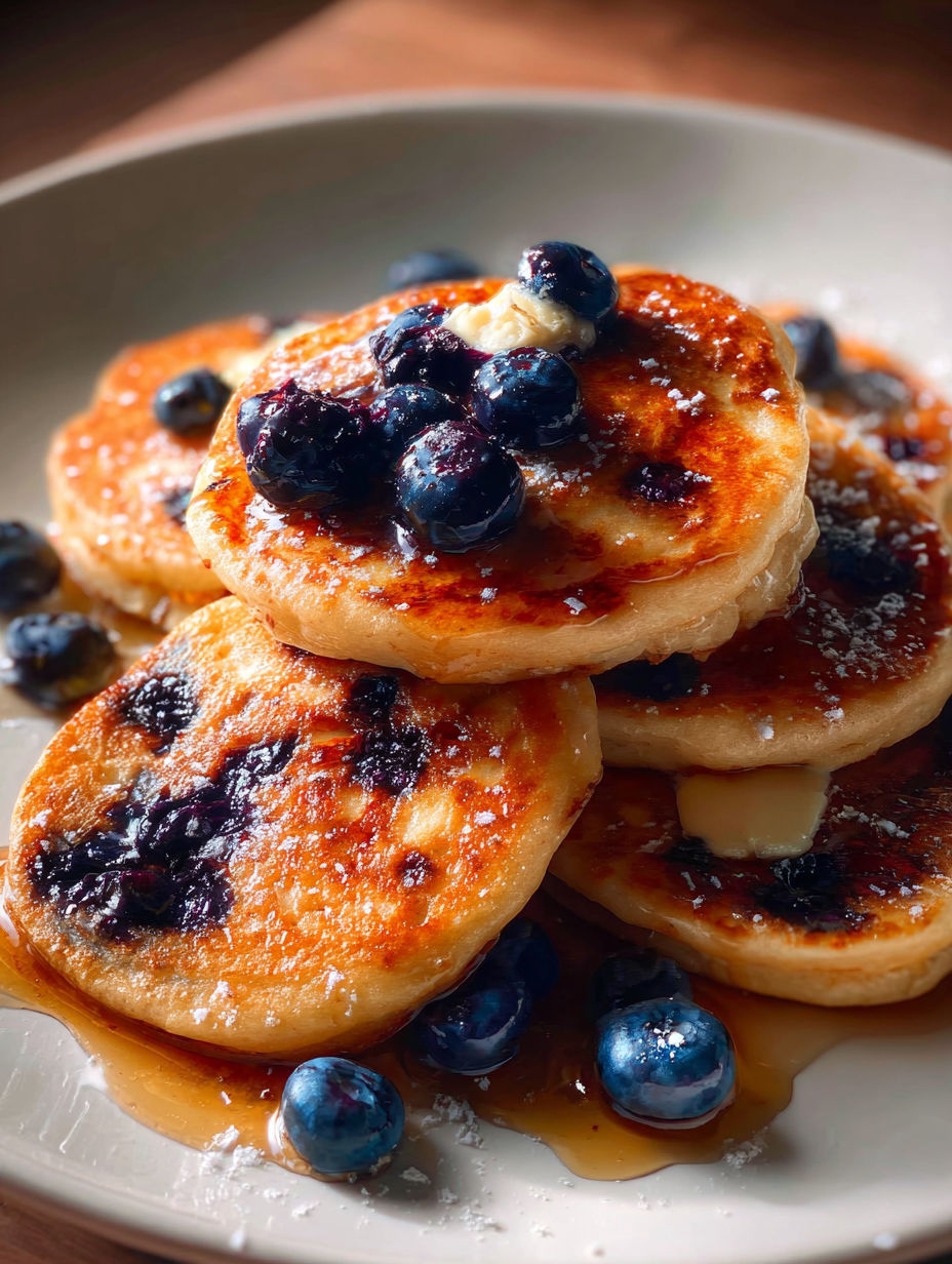 A stack of vegan protein pancakes with blueberries on top.