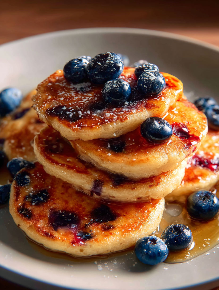 A stack of pancakes with blueberries on top.