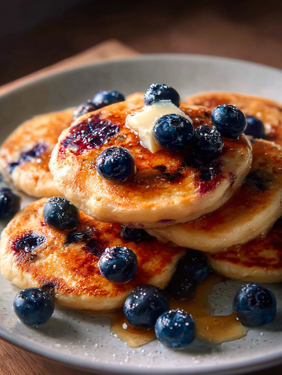 A stack of pancakes with blueberries on top.