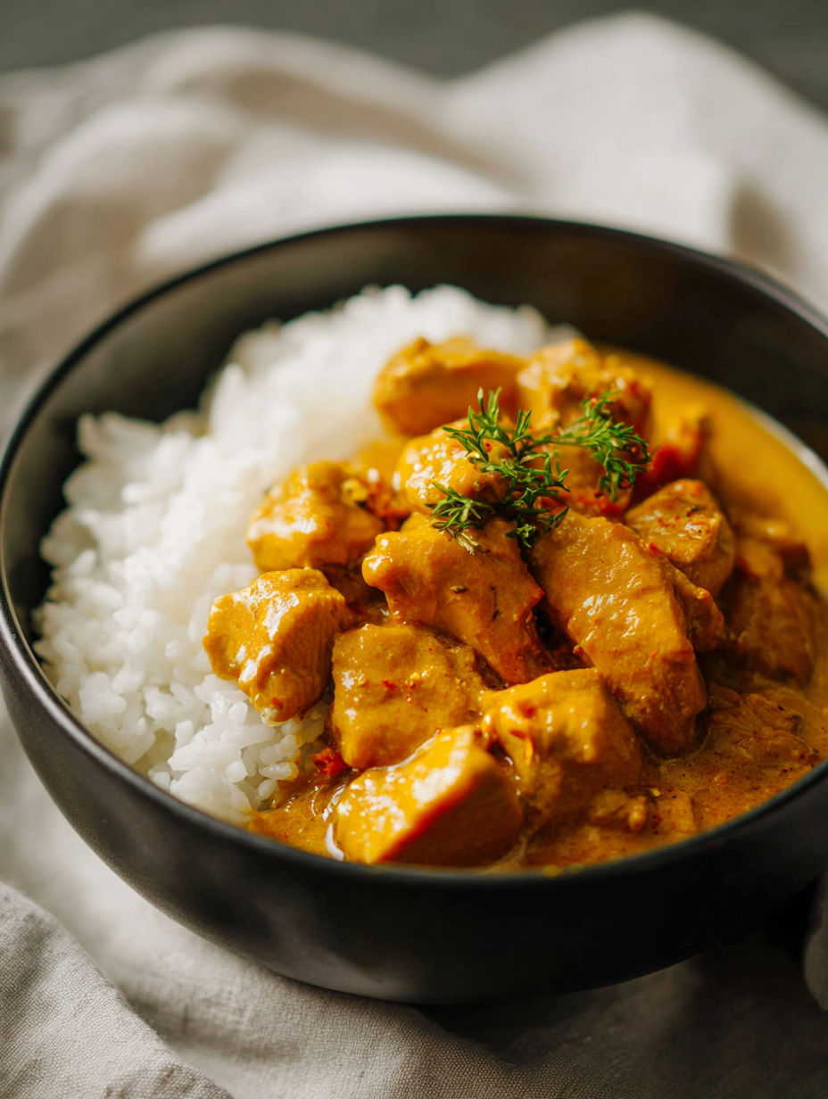 A bowl of pumpkin coconut chicken curry.