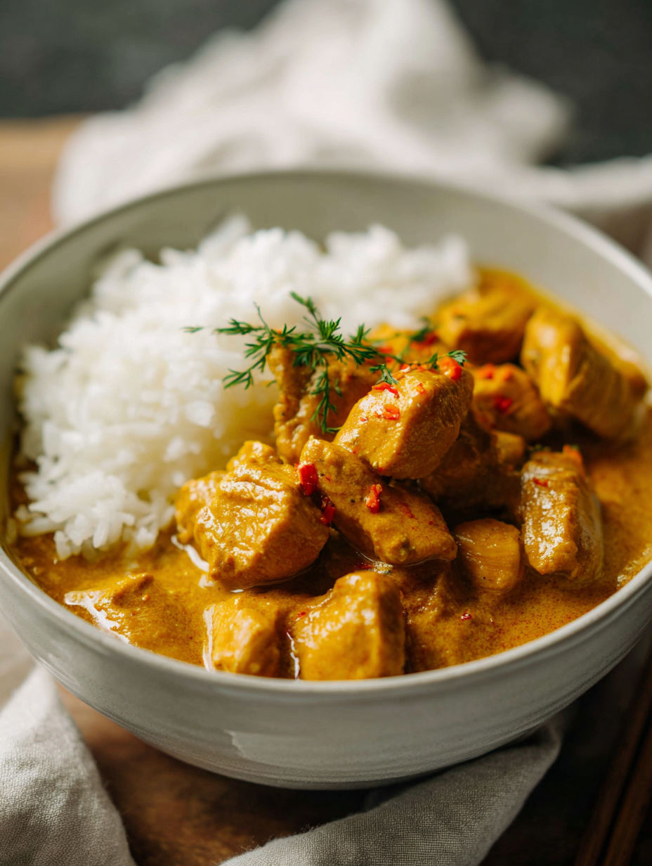 A bowl of chicken curry with rice.