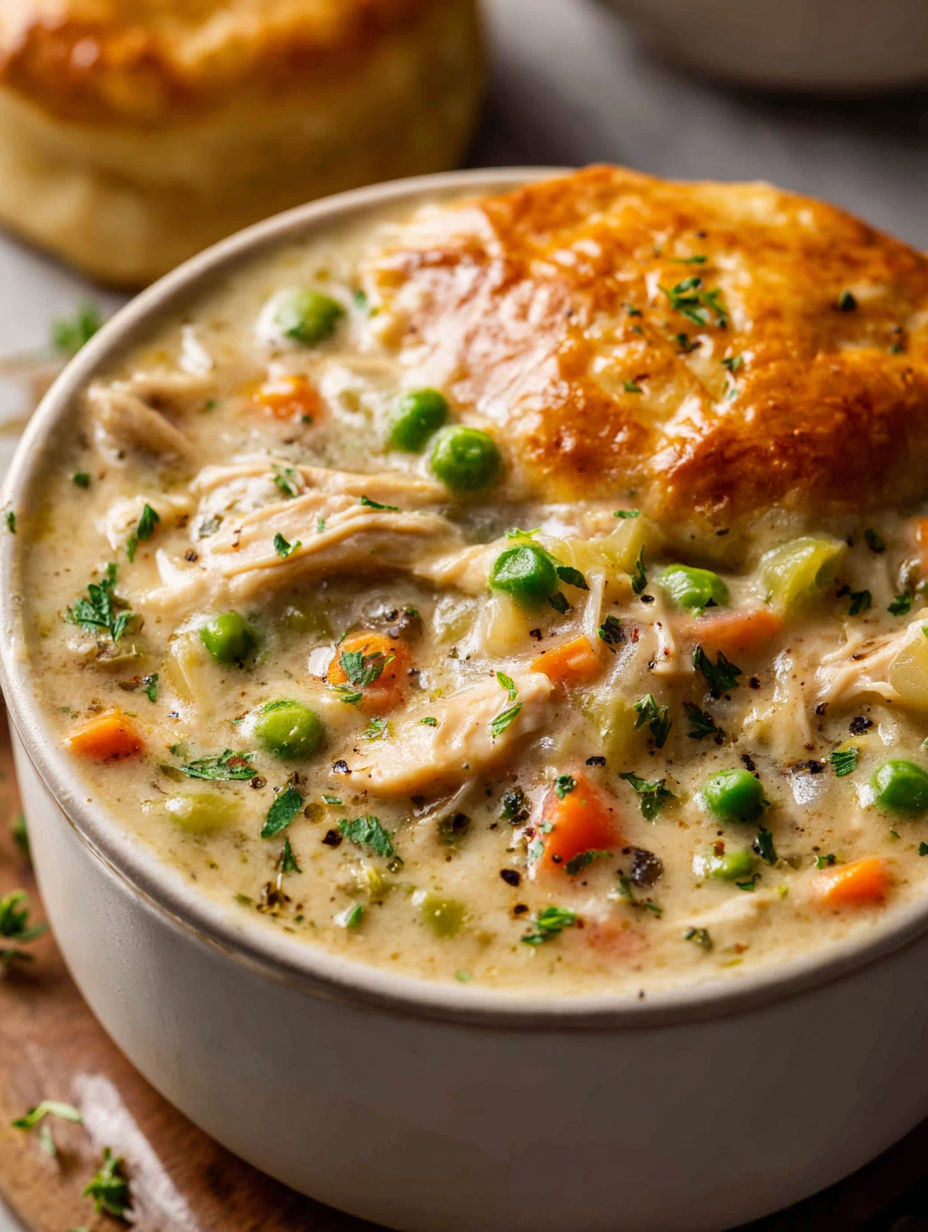A bowl of chicken pot pie soup.