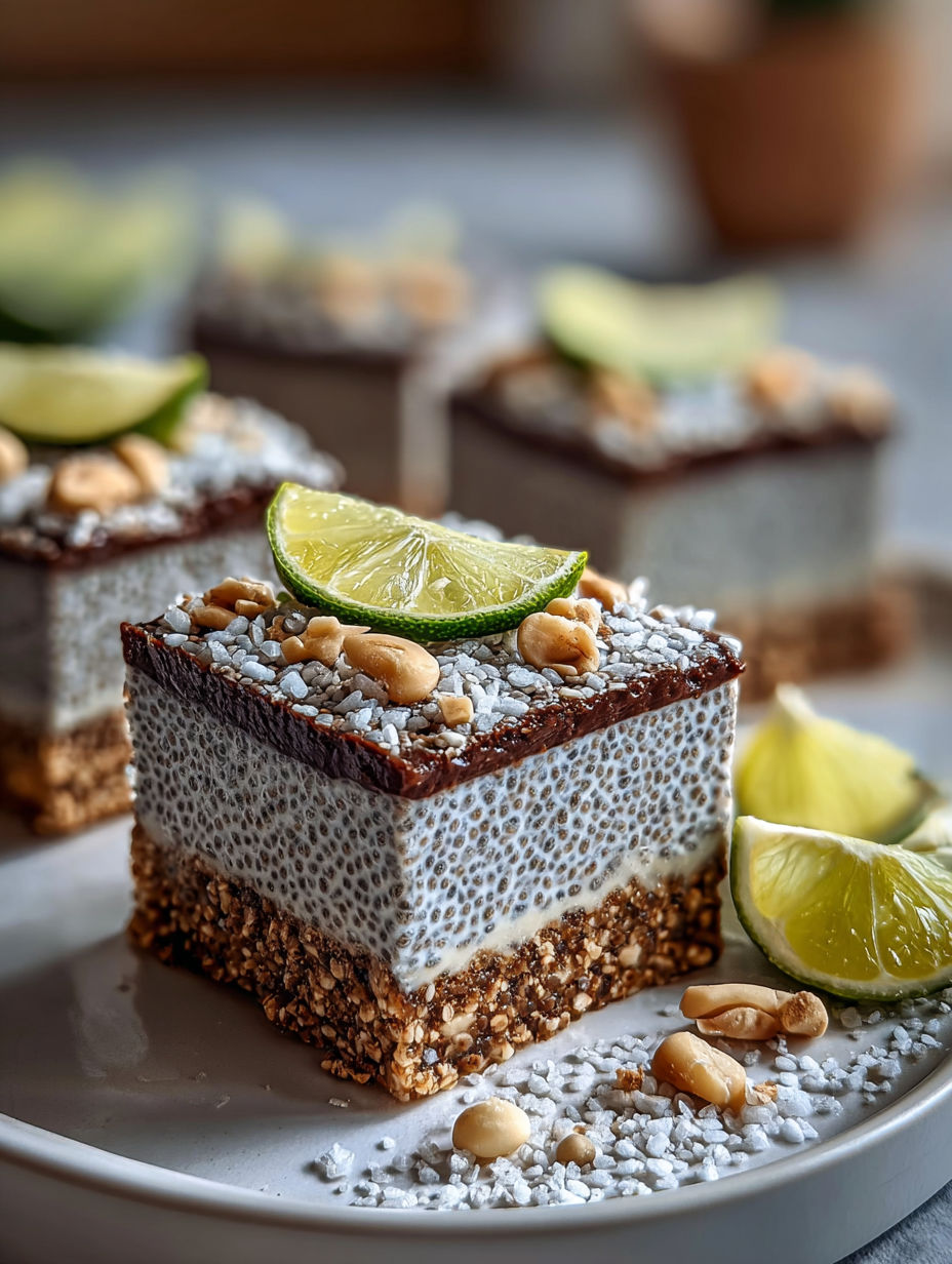 A plate of chia pudding bars with limes on top.