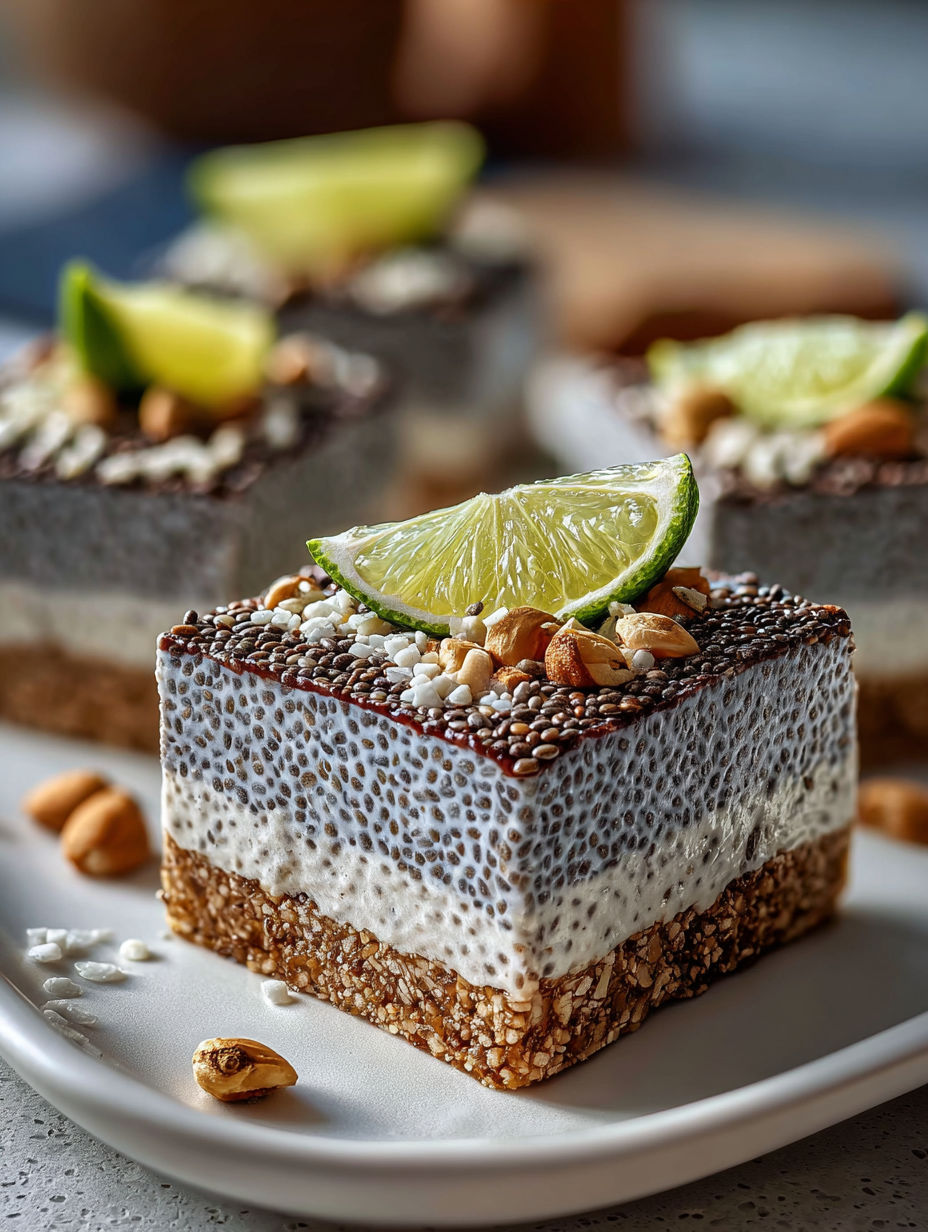A slice of chia pudding with a lime wedge on top.