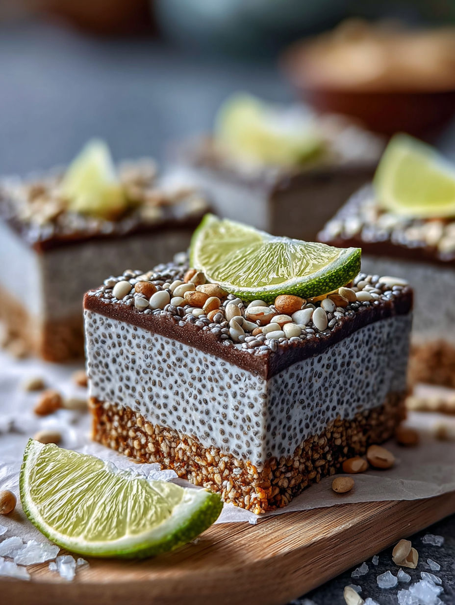 A square of chia pudding with a slice of lime on top.