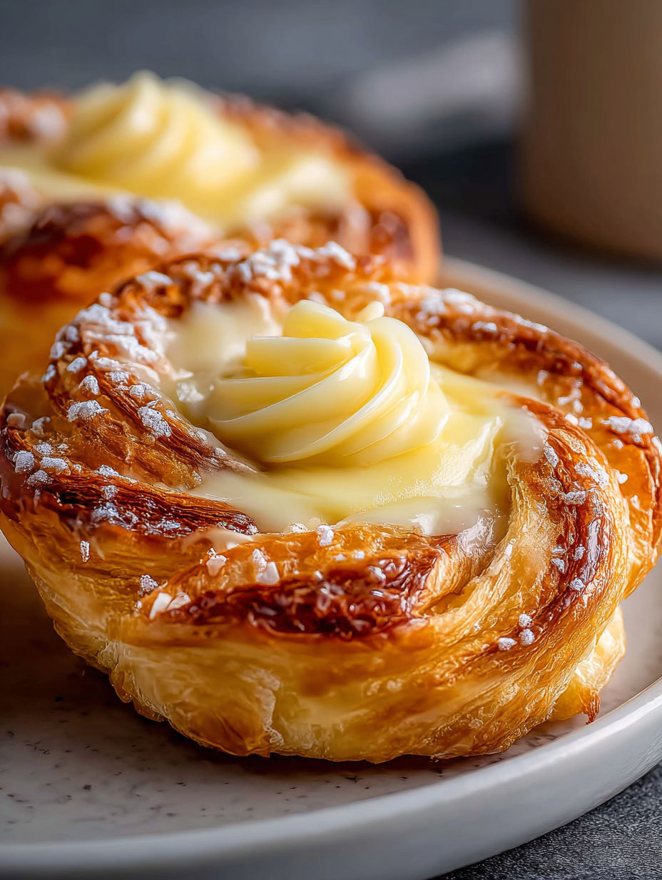 A deliciously flaky cheese danish with a dollop of whipped cream on top.