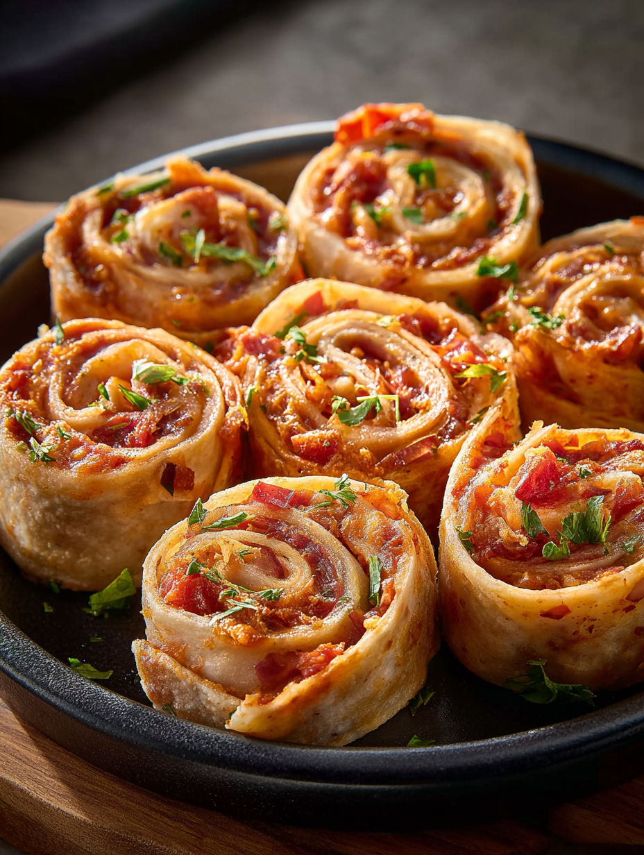 A plate of tortilla pizza rolls.