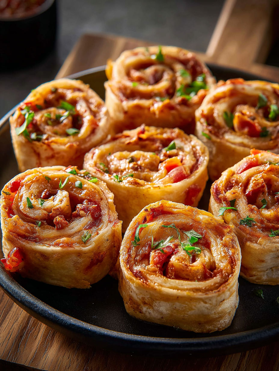 A plate of tortilla pizza rolls.