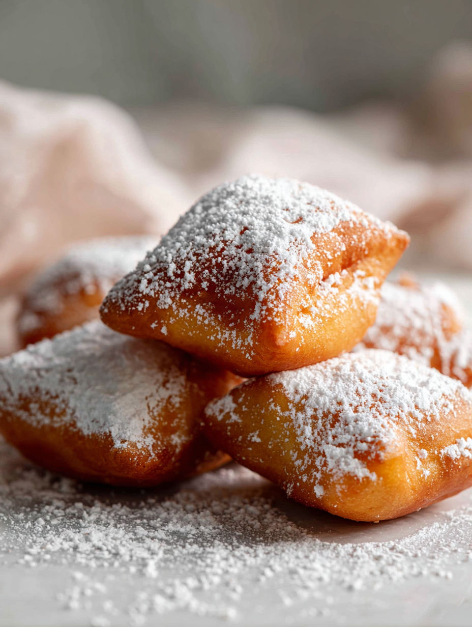 A stack of beignets covered in powdered sugar.