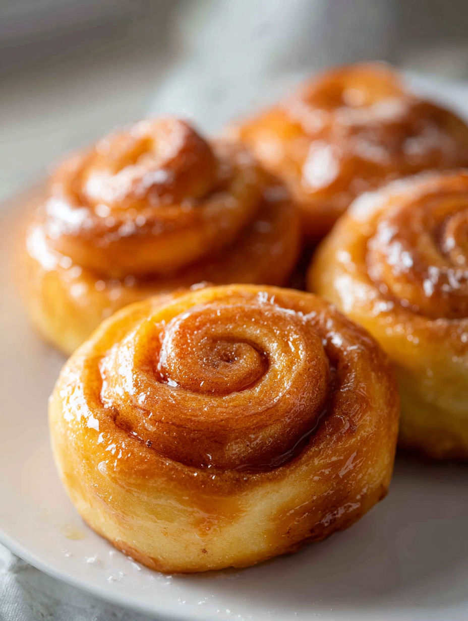 Three honey buns on a plate.