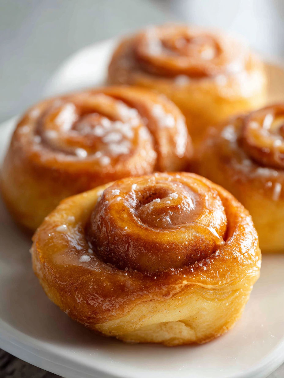 Three honey buns on a plate.