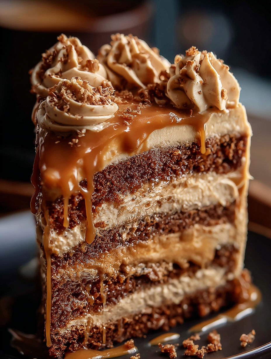 A slice of caramel coffee buttercream cake.