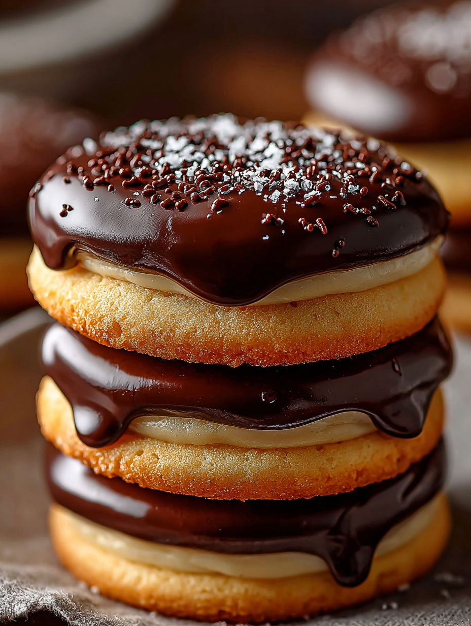 A stack of chocolate covered cookies.