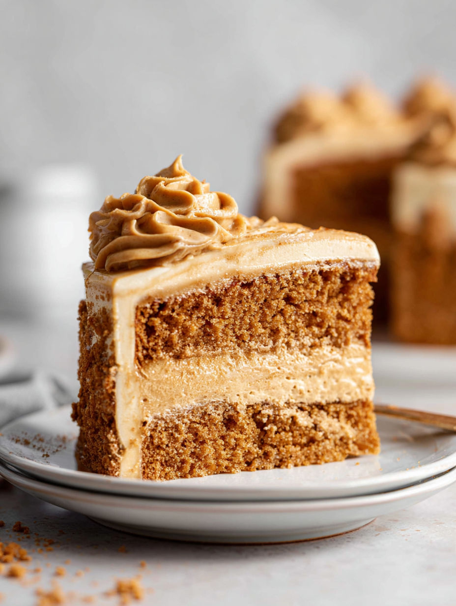 A slice of Biscoff cake with a dollop of frosting on top.