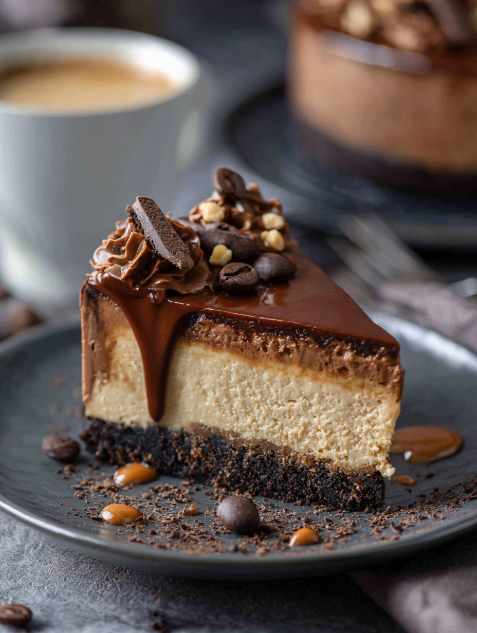 A slice of cheesecake with chocolate drizzle and topped with nuts.