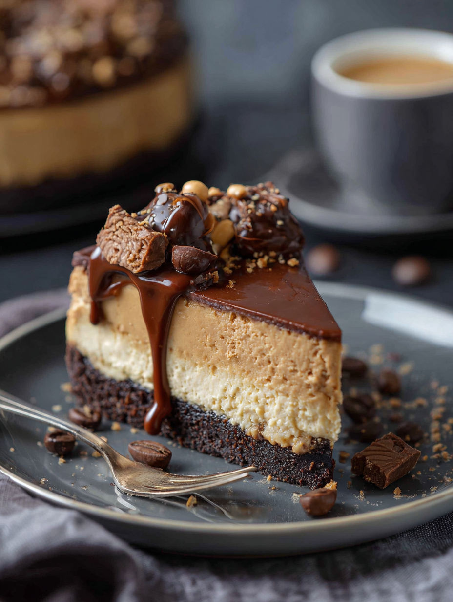 A slice of coffee cheesecake with chocolate drizzle.