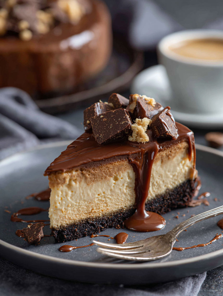 A slice of chocolate cheesecake with chocolate drizzle.