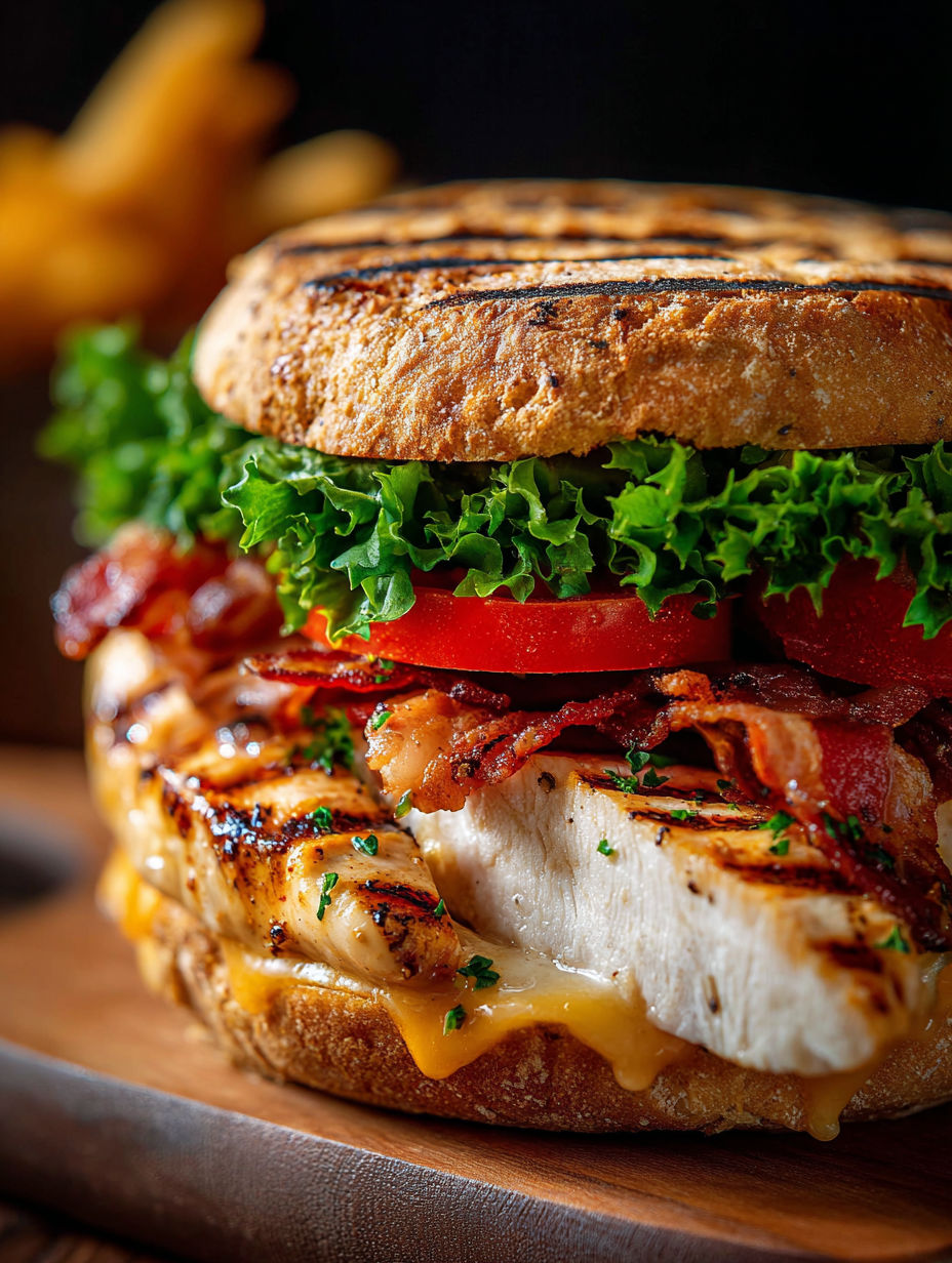 A juicy grilled chicken club sandwich with lettuce and tomato.