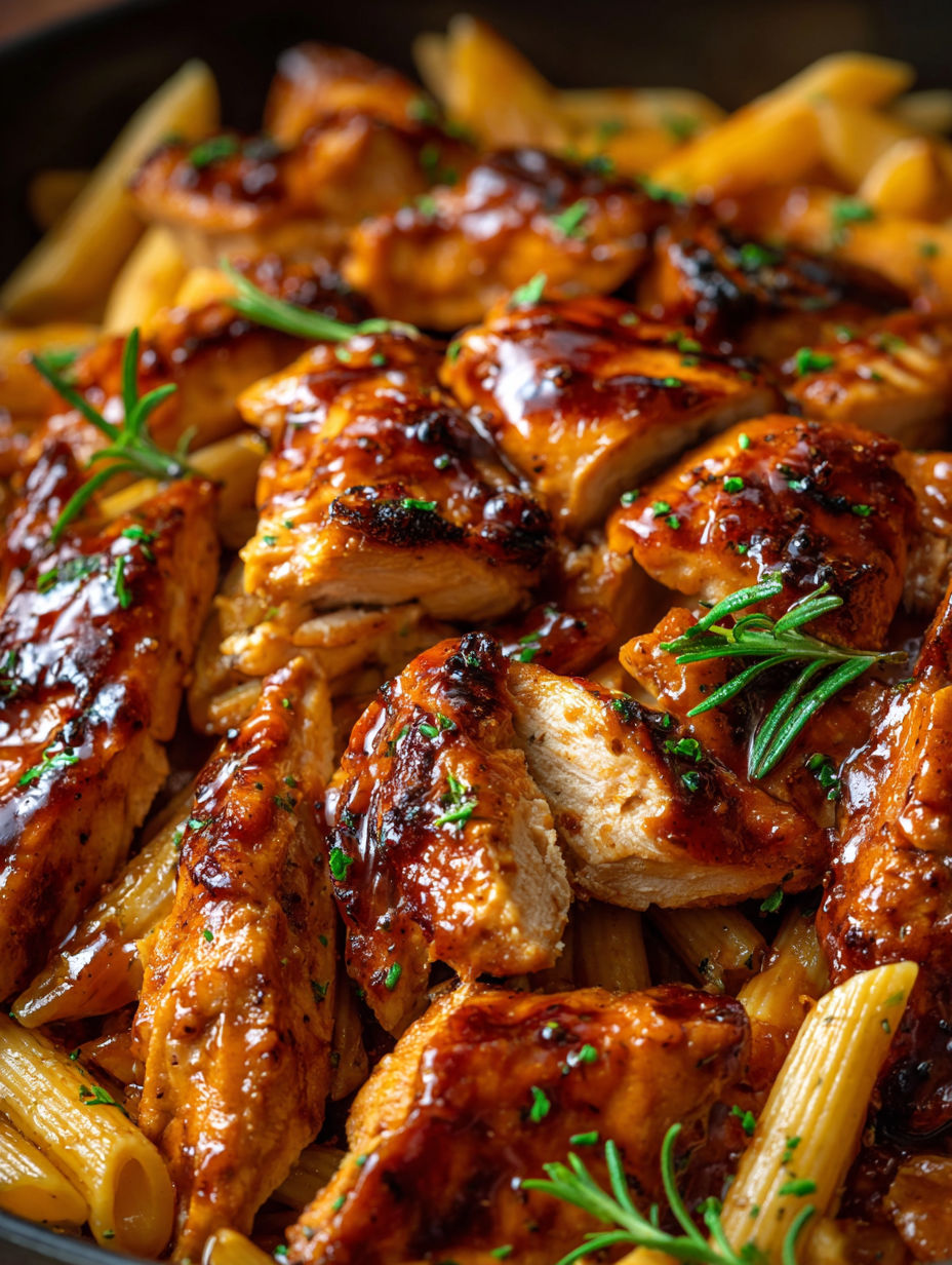 A close up of a delicious one-pan tangy honey BBQ chicken.