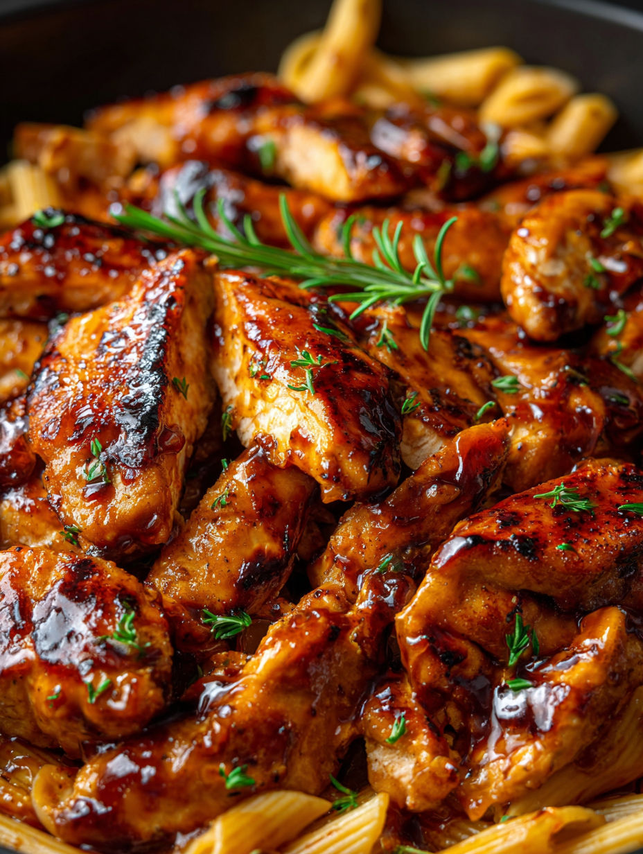 A close up of a delicious one-pan tangy honey BBQ chicken.