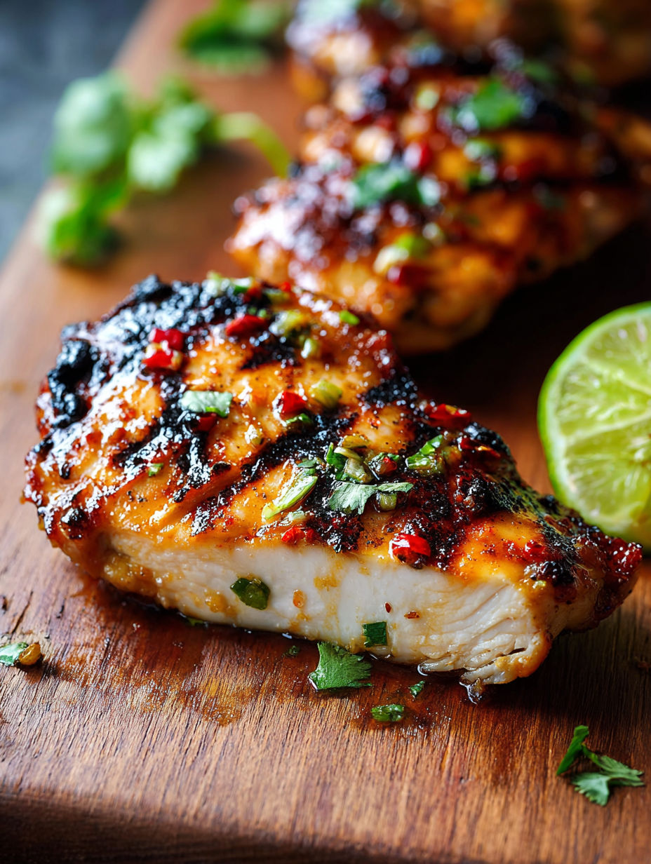 A piece of grilled chicken with lime and chili on it.