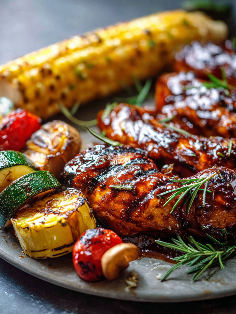 A plate of BBQ chicken with corn on the cob and tomatoes.
