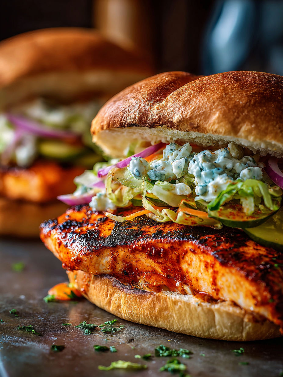 A grilled buffalo chicken sandwich with lettuce and blue cheese.