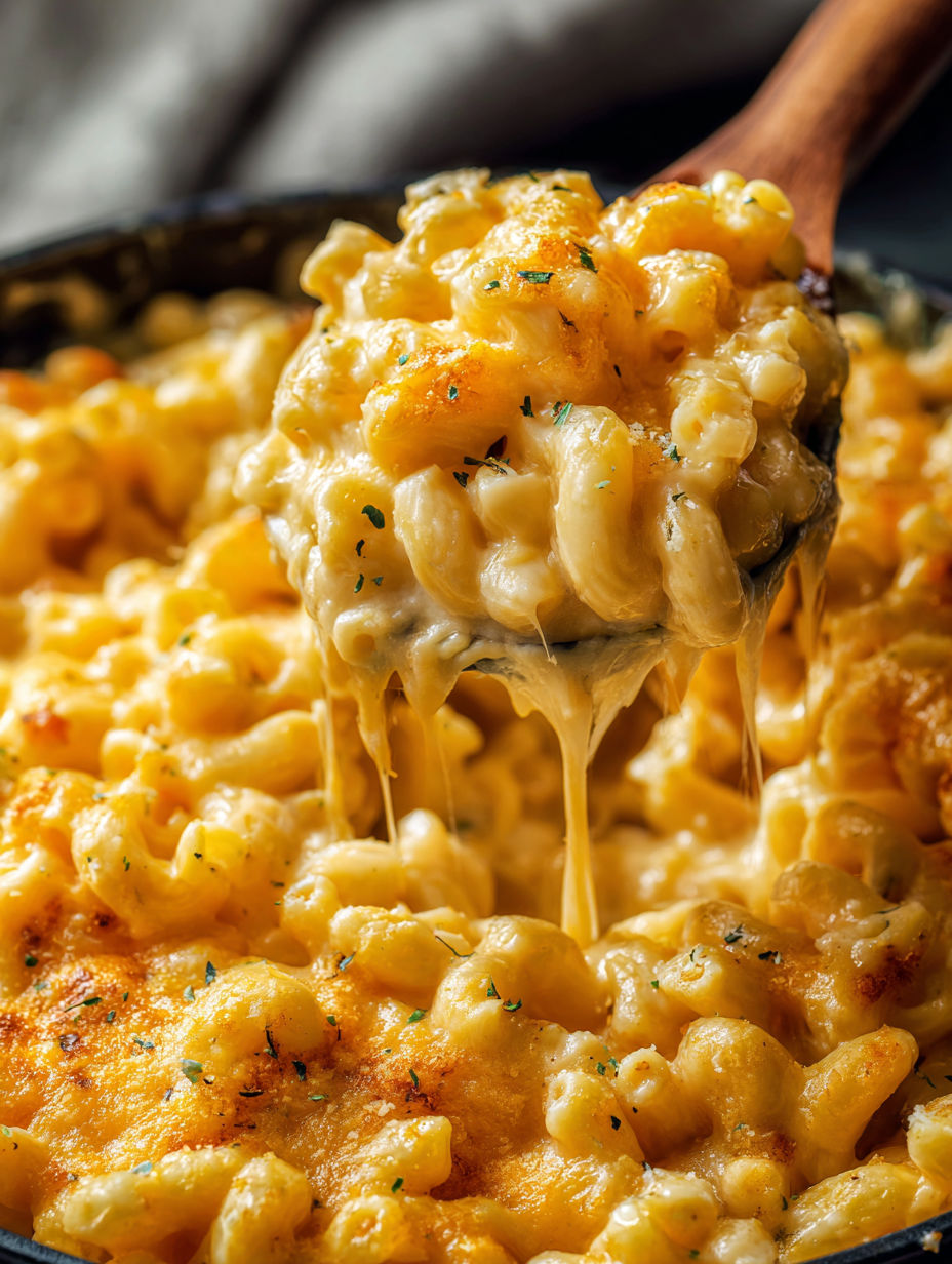 A spoon is in a bowl of macaroni and cheese.