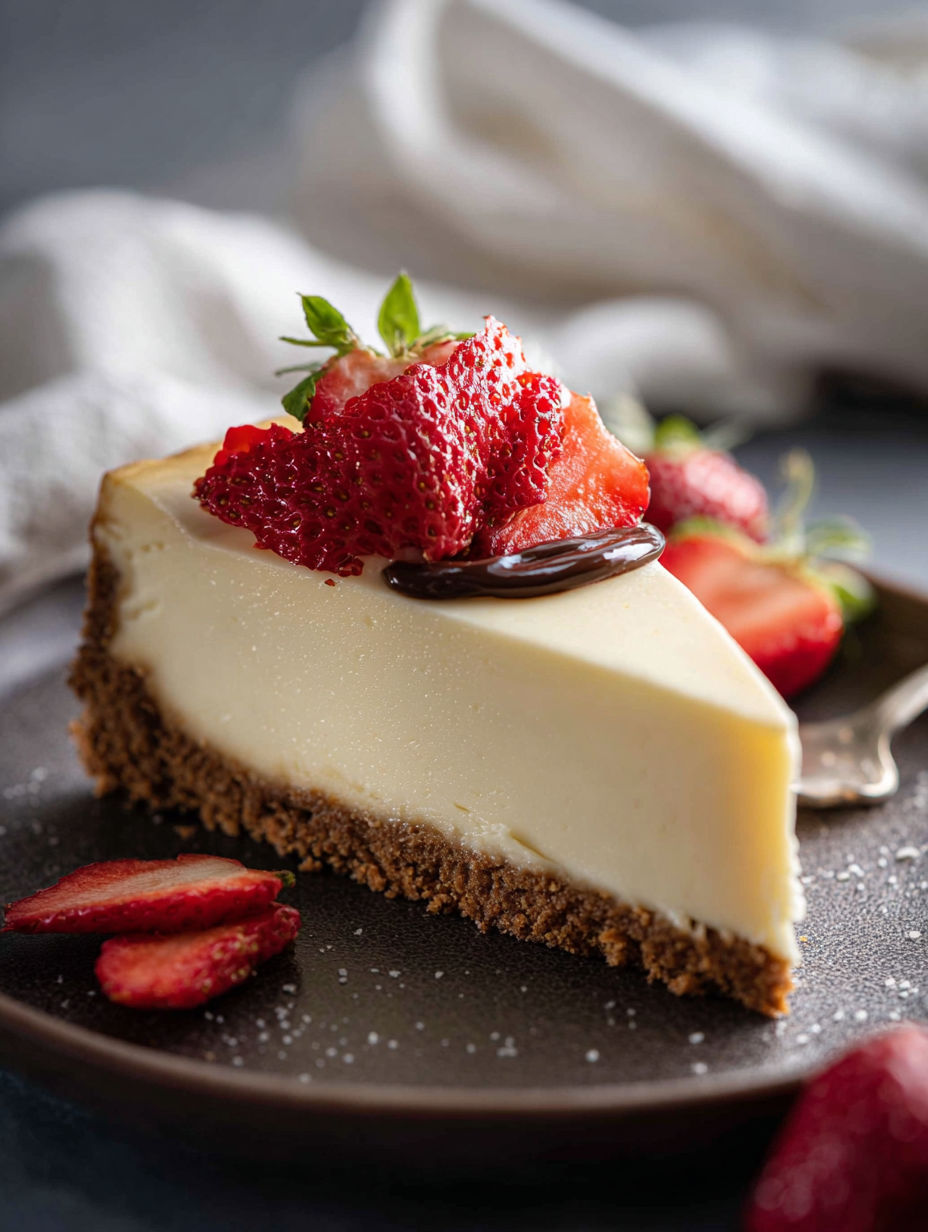 A slice of cheesecake with strawberries on top.