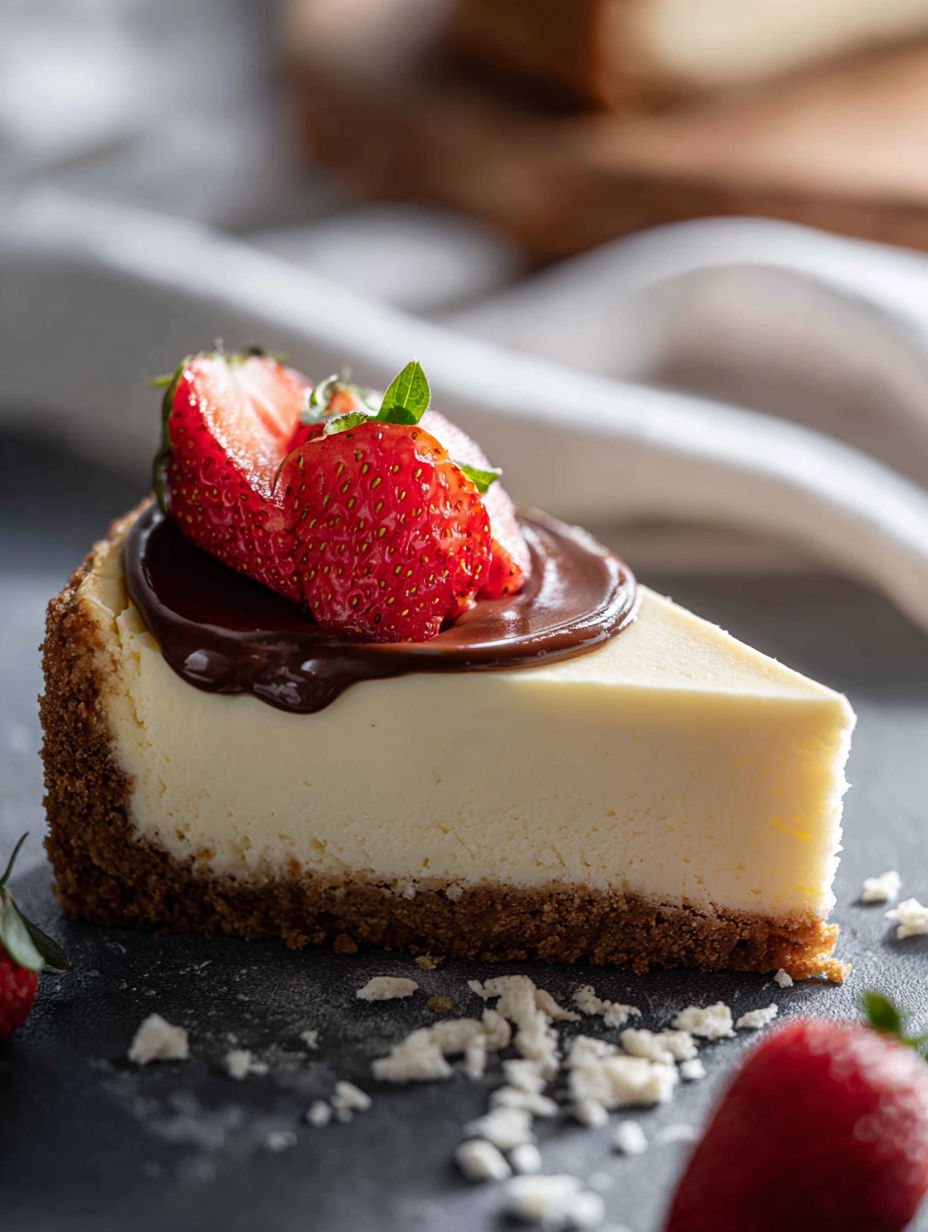 A slice of cheesecake with strawberries and chocolate.