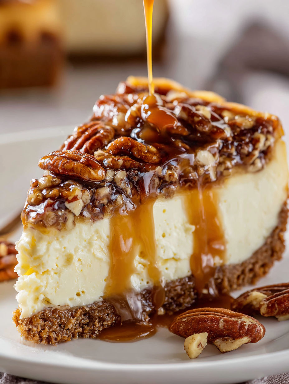 A slice of pecan cheesecake pie with caramel drizzle.