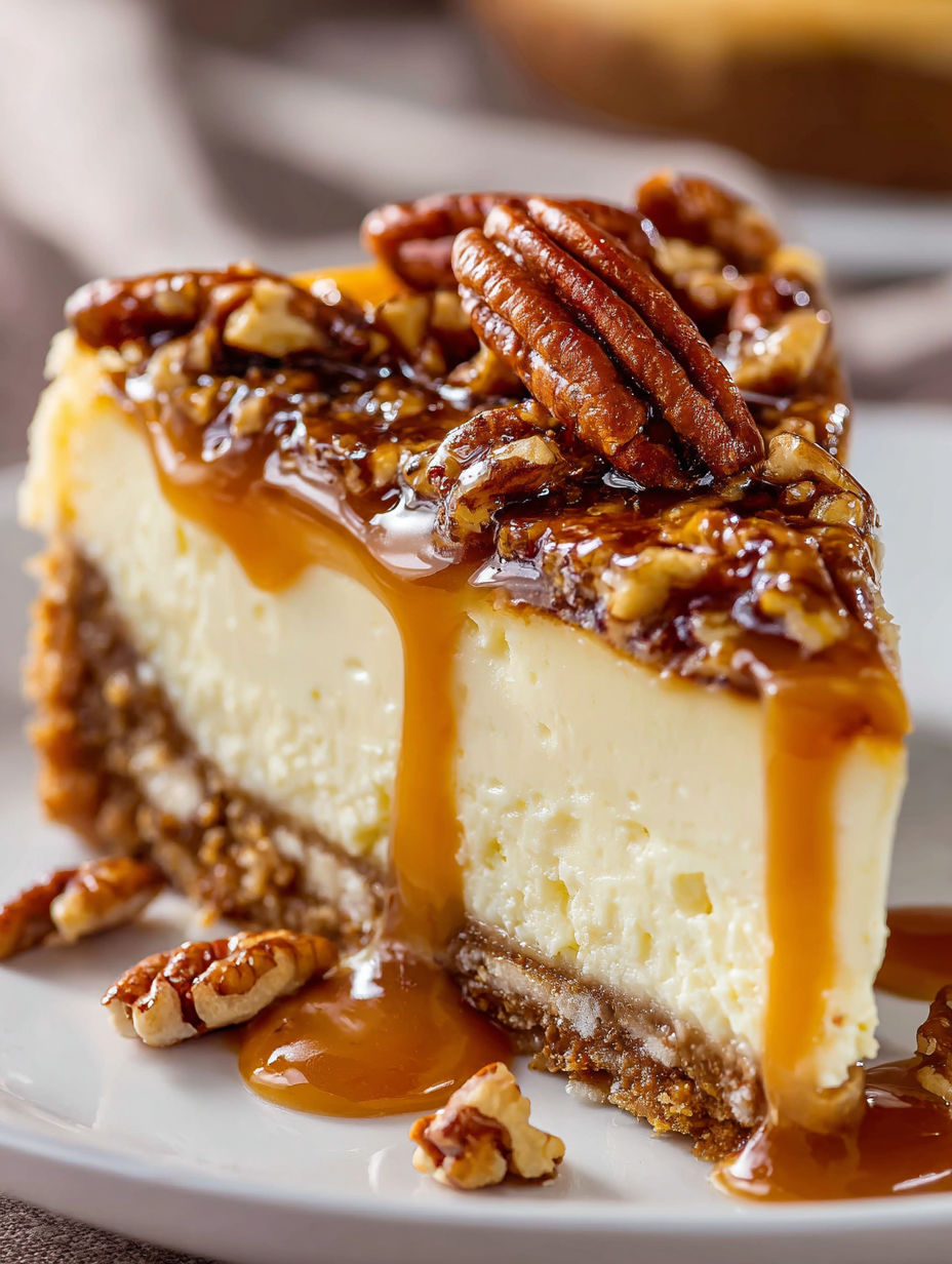 A slice of pecan cheesecake pie.