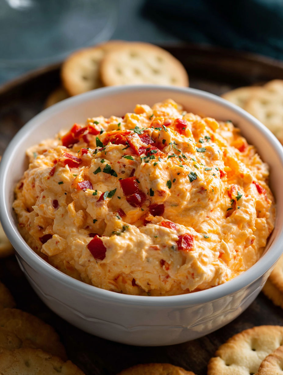 A bowl of pimento cheese with crackers.