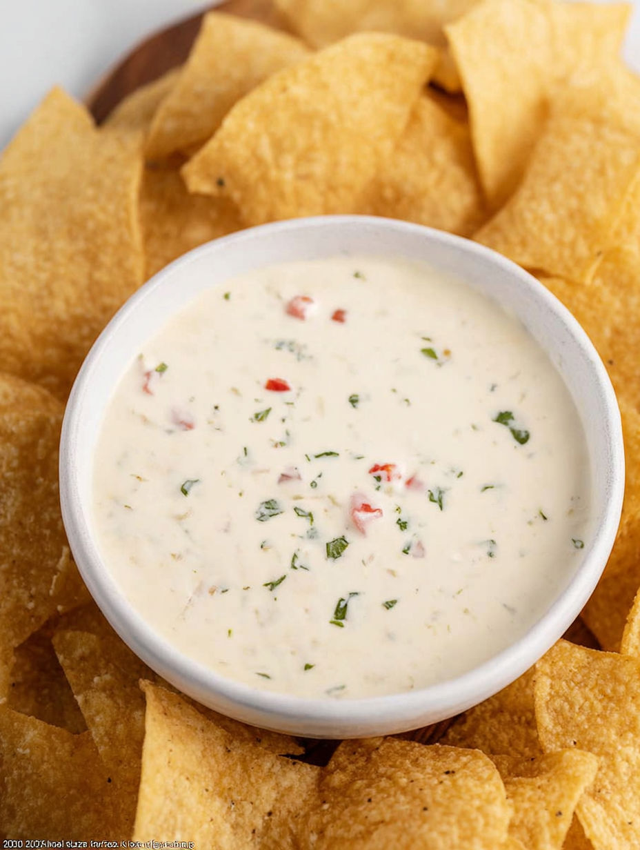 A bowl of white cheese dip with chips.