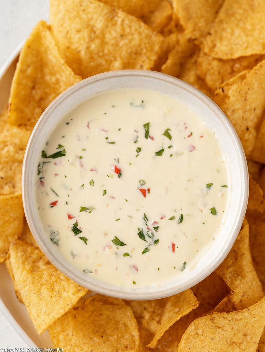A bowl of dip with chips.
