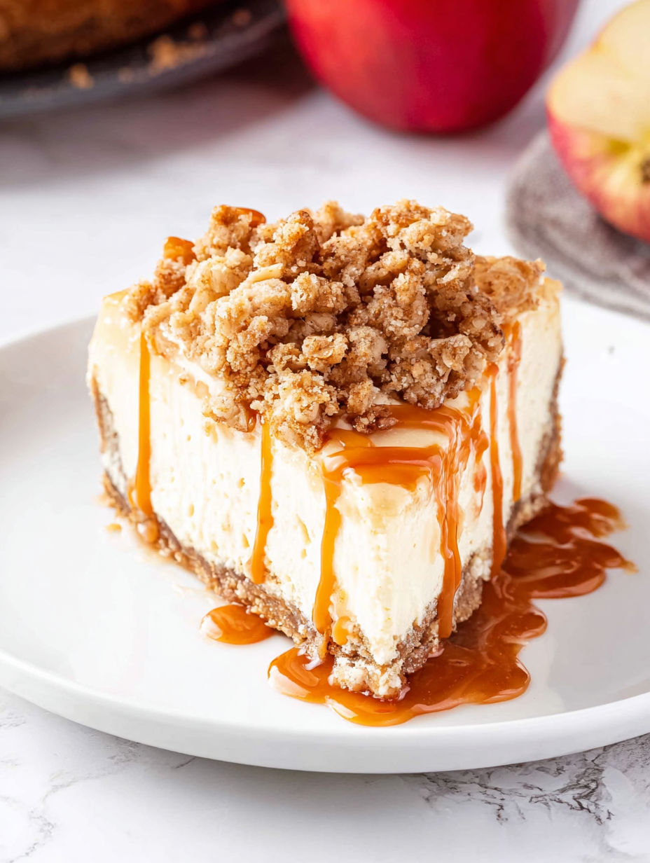A slice of apple crisp cheesecake with caramel drizzle.