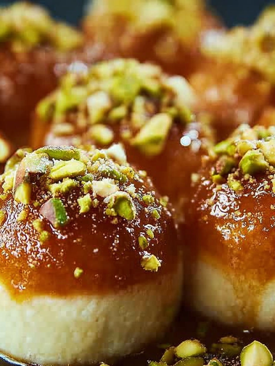 A close up of a dessert with pistachio, honey and almonds.