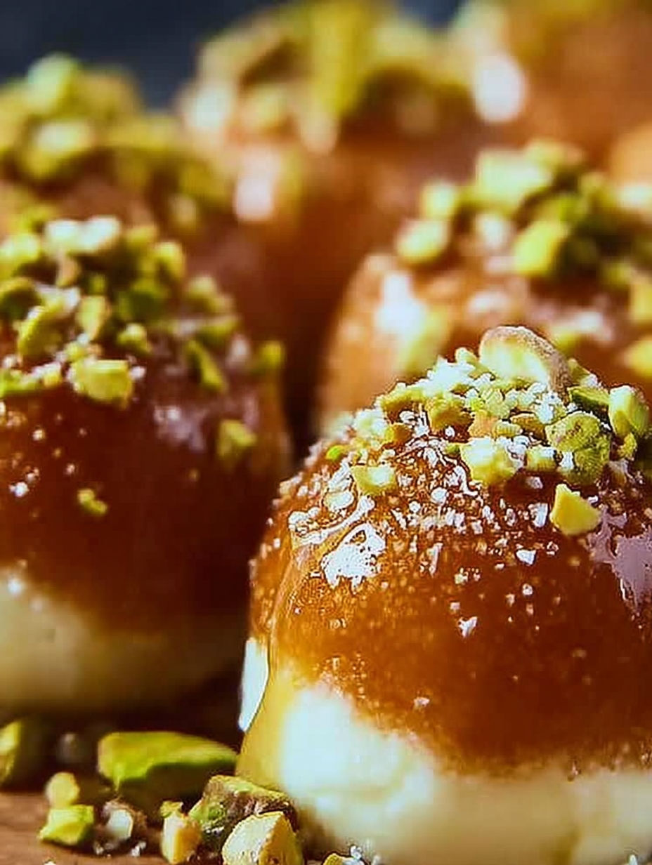 A close up of a dessert with pistachio, honey and almonds.