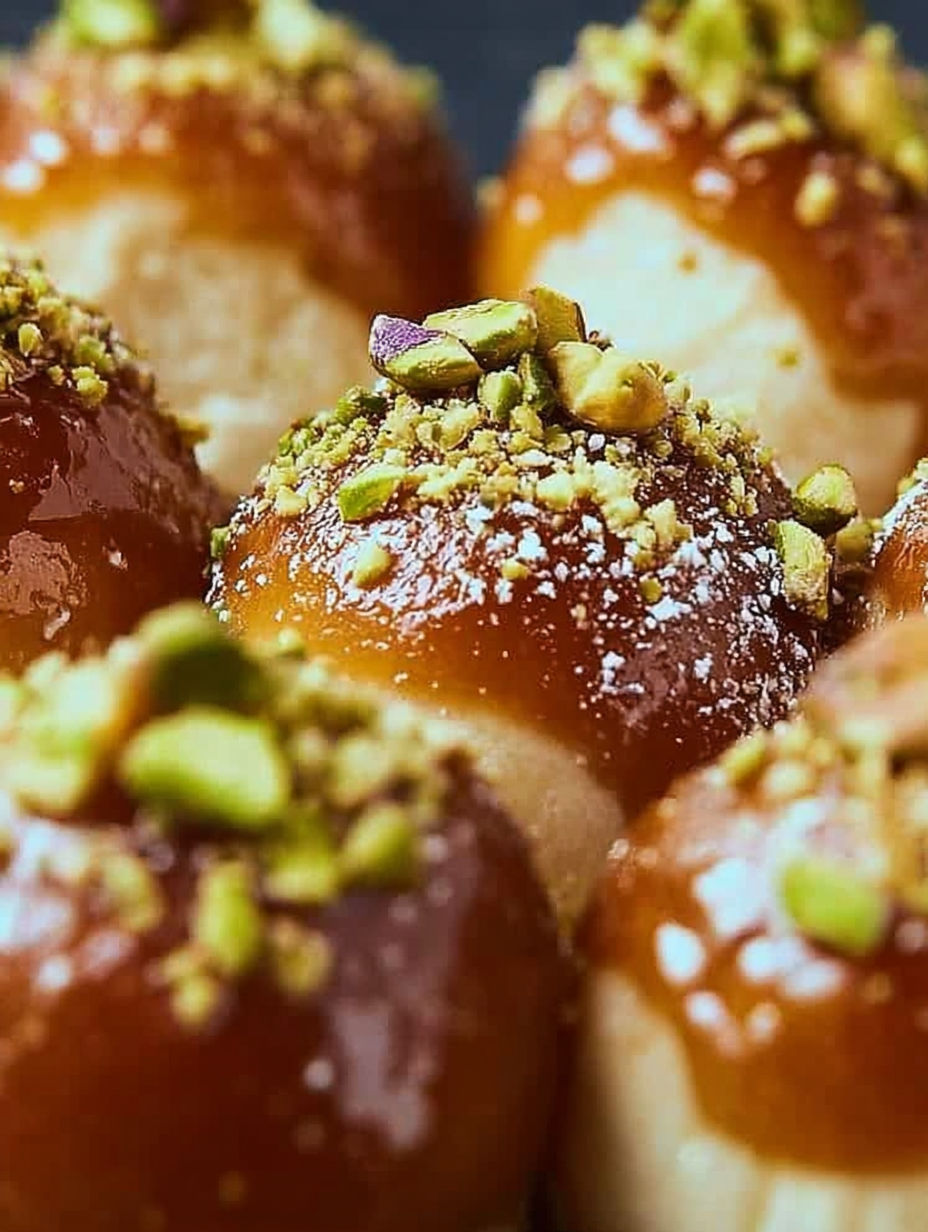 A close up of a pastry with pistachio and honey.