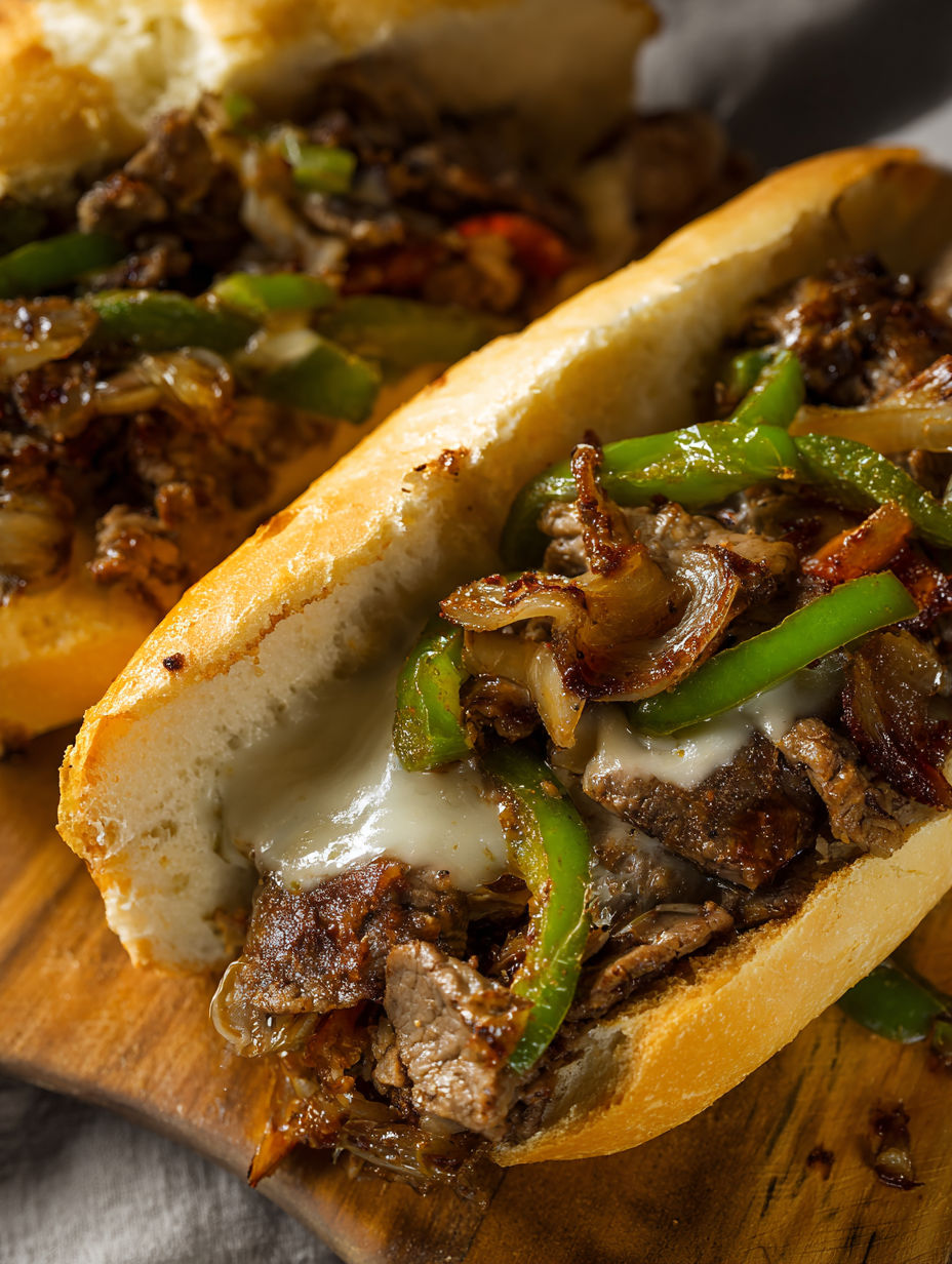 A Philly cheesesteak with onions and peppers.