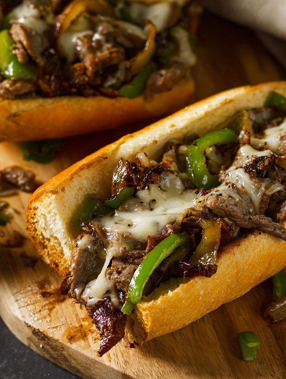 A close up of a Philly cheesesteak sandwich.