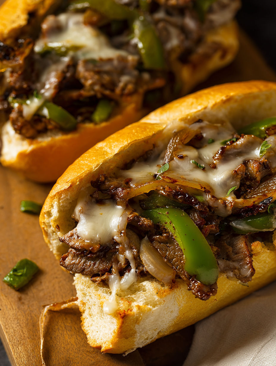A close up of a Philly Cheesesteak sandwich with onions and peppers.