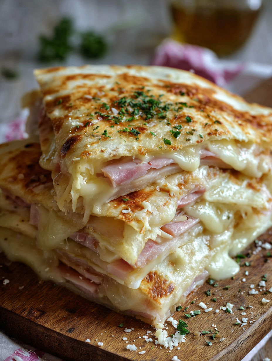 A stack of chicken cordon bleu quesadillas.
