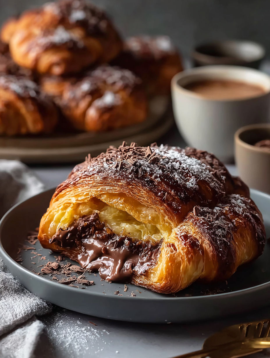 A chocolate croissant on a plate.