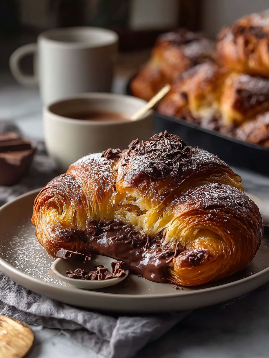 A chocolate croissant with powdered sugar on top.