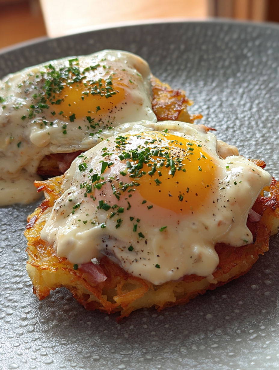 Two pieces of egg topped hash browns with bacon gravy.