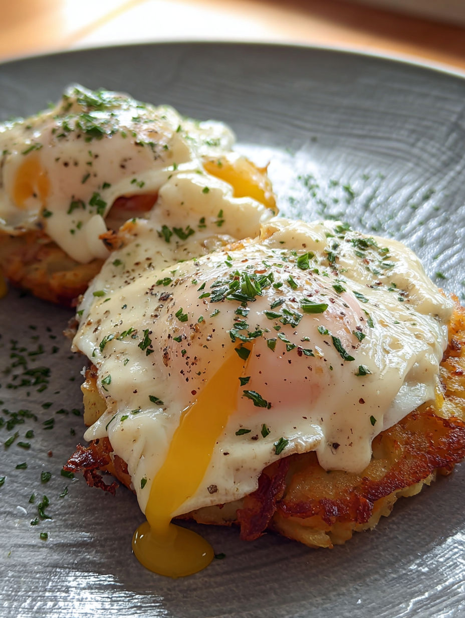 Two hash browns with eggs and bacon gravy.