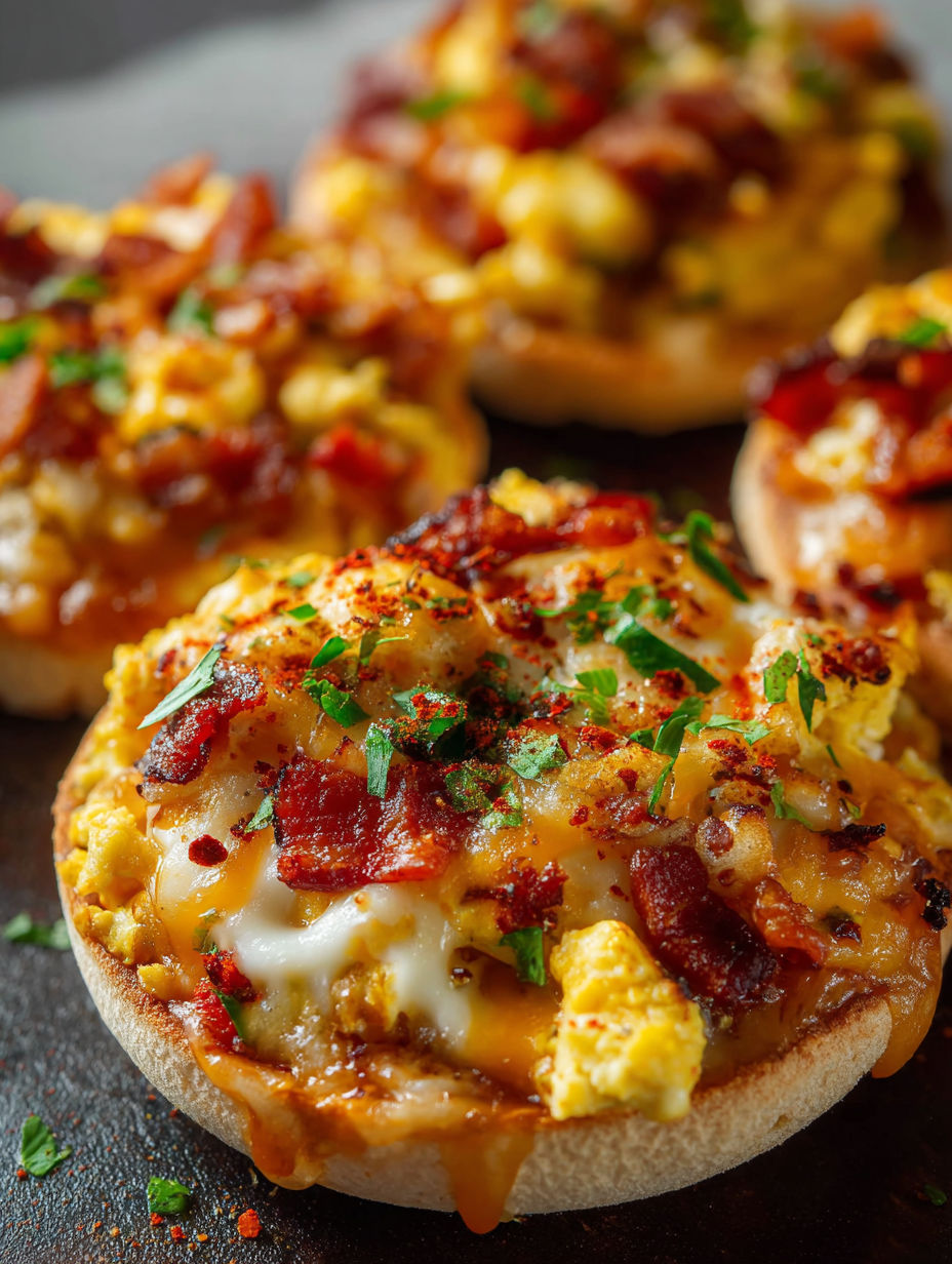 English muffin breakfast pizzas with cheese and bacon.