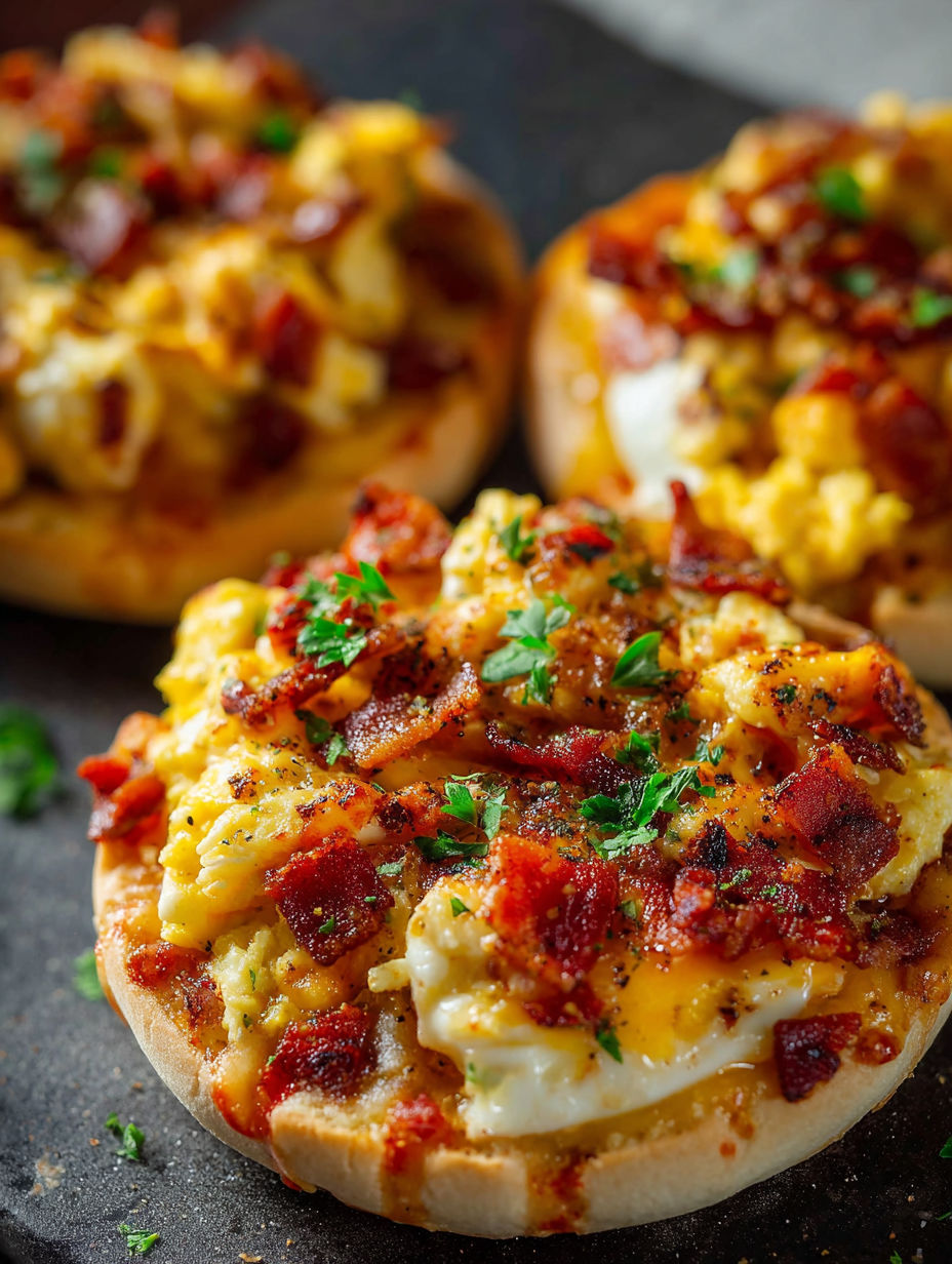 Two English muffin breakfast pizzas with bacon and cheese.